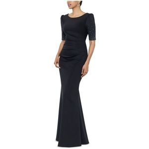 X by Xscape Boat-neck Scuba Formal Gown Black Embellished Long Dress NWT XC232